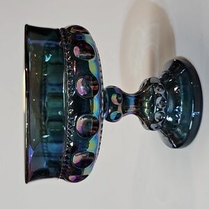 Vintage Indiana Glass Blue Carnival Thumbprint Iridescent Compote Pedestal Bowl